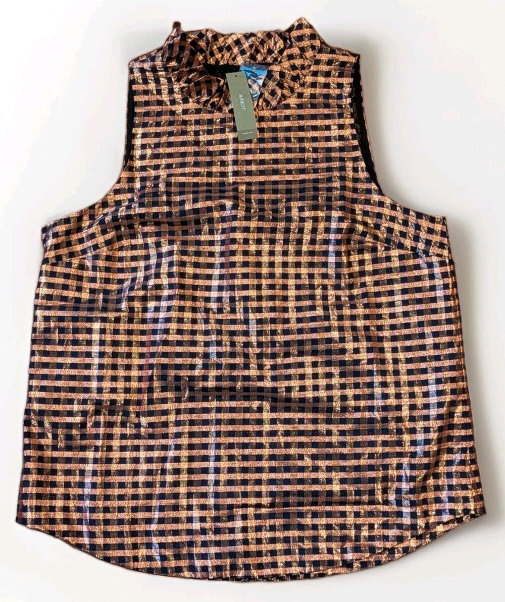 J.Crew Womens M Metallic Gold Black Geometric Ruffle Neck Sleeveless Top BNWT